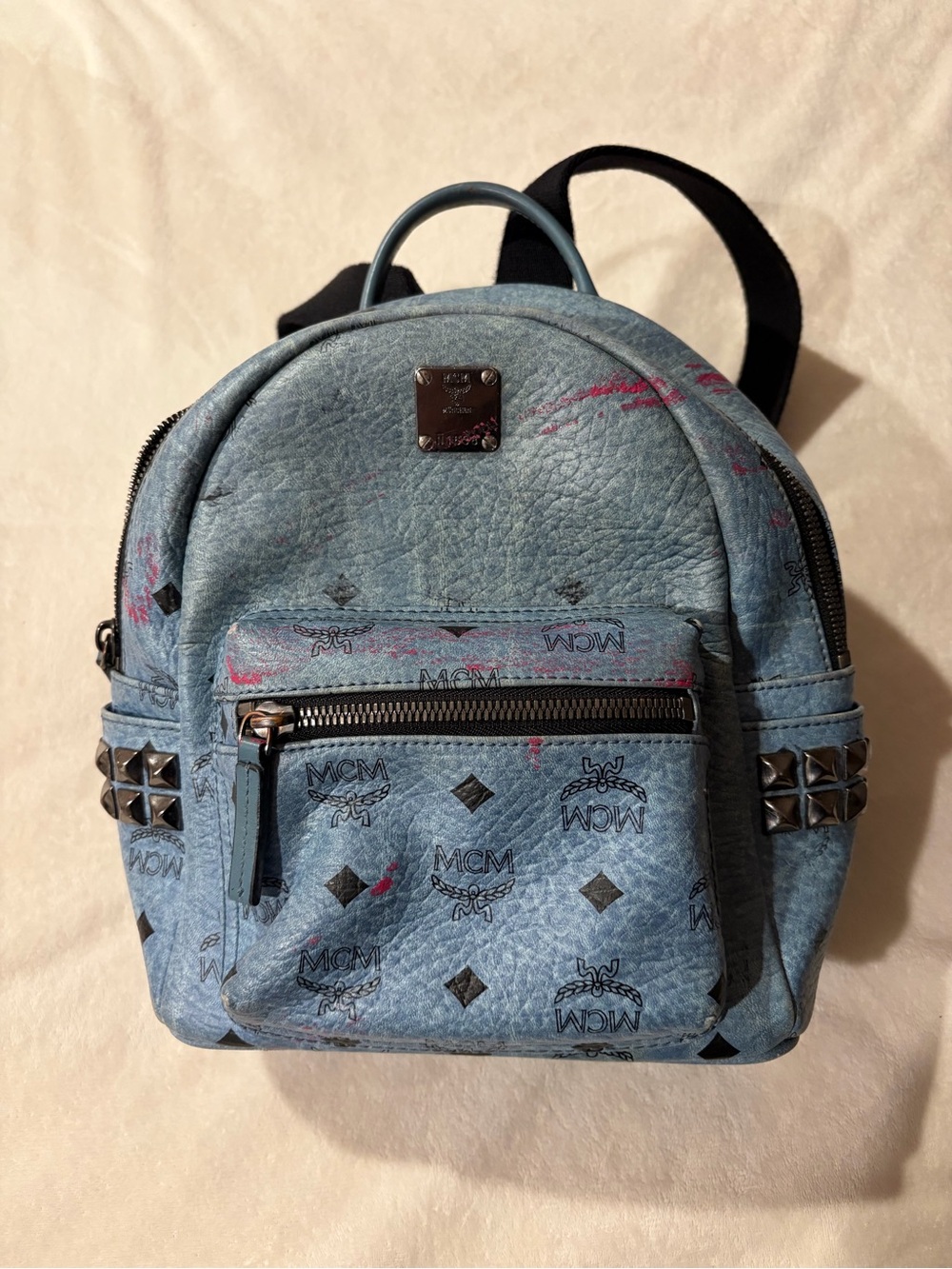 MCM Light Blue Logo Print Leather Mini Backpack with Studs